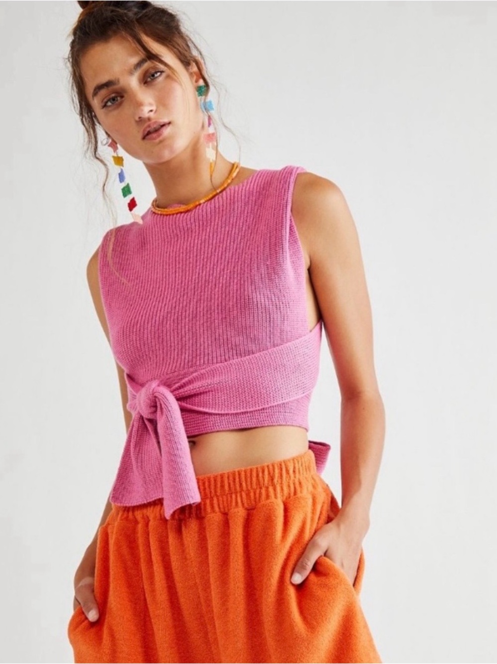 Free People Pink Tie-Waist Sleeveless Knit Crop Top/Halter